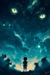 Fearless kid facing dark creatures starry night direct view high contrast vector - obrazy, fototapety, plakaty