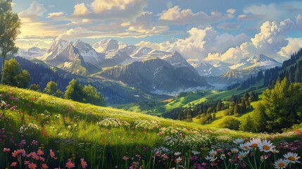 Idyllic landscape in the Alps with blooming meadows in summer