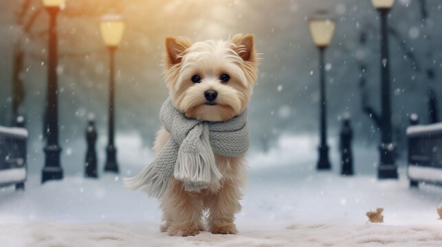 image depicting a cute little dog dressed in warm clothes taking a stroll in a winter city park.