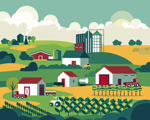 illustration of the concept of growing crops and local food production, agriculture, factory in the background, growing on a farm 