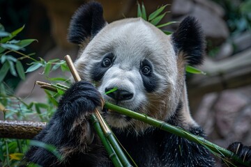 giant panda bear eating bamboo