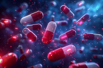 A group of antibiotic pill capsules falling Healthcare and medical 3D illustration background - obrazy, fototapety, plakaty