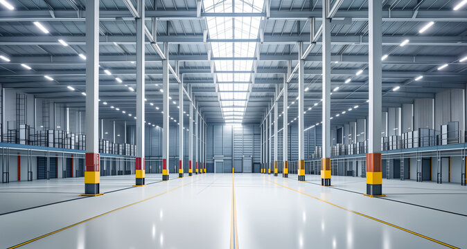 Interior of empty warehouse. Large modern empty storehouse