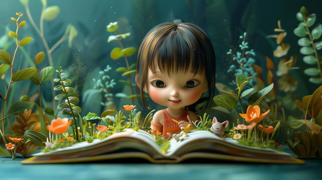 Little girl reading book ,Girl have dreams and creativity