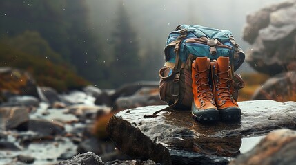 boots and backpack of a hiker - obrazy, fototapety, plakaty