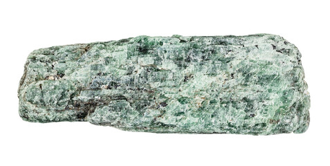 close up of sample of natural stone from geological collection - unpolished green kyanite mineral isolated on white background from Madagascar