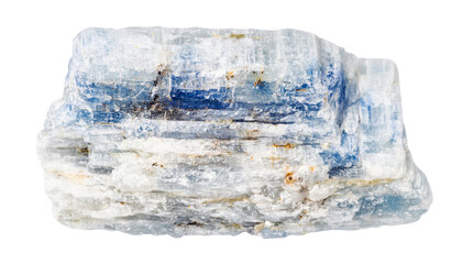 close up of sample of natural stone from geological collection - unpolished blue kyanite mineral isolated on white background