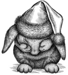 Vintage engraving isolated rabbit set dressed christmas illustration hare ink santa costume sketch. Easter bunny background jackrabbit silhouette new year hat art. Black and white image - obrazy, fototapety, plakaty
