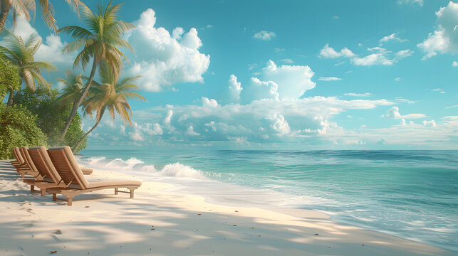 A serene beach scene with lounge chairs, palm trees, and a blue sky with clouds.