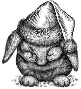 Vintage engraving isolated rabbit set dressed christmas illustration hare ink santa costume sketch. Easter bunny background jackrabbit silhouette new year hat art. Black and white image