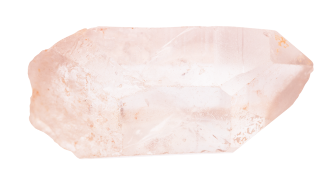 close up of sample of natural stone from geological collection - raw rose quartz crystal isolated on white background