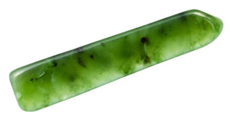 close up of sample of natural stone from geological collection - polished green nephrite mineral isolated on white background from Sayan Mountains, Eastern Siberia