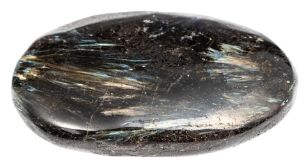 close up of sample of natural stone from geological collection - polished nuummite mineral isolated on white background from Greenland