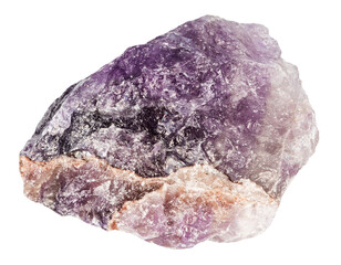 close up of sample of natural stone from geological collection - raw amethyst mineral isolated on...