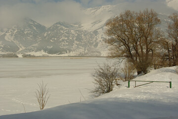 Winter view of the frozen Lake Matese, Campania, Italy