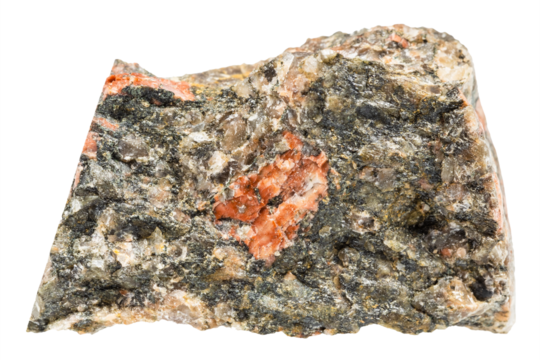 close up of sample of natural stone from geological collection - raw gneissoid granite mineral isolated on white background from Karelia