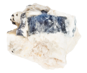 close up of sample of natural stone from geological collection - blue corundum sapphire in raw rock isolated on white background from Ural