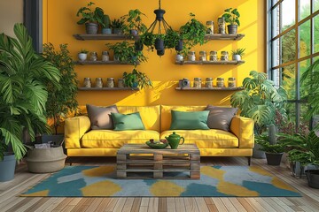 Vibrant urban jungle living room with a sunny yellow sofa and lush houseplants.