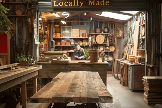 A craftsman works in a warmly lit, rustic woodshop surrounded by handmade pottery and woodcrafts, embodying skilled artisanship