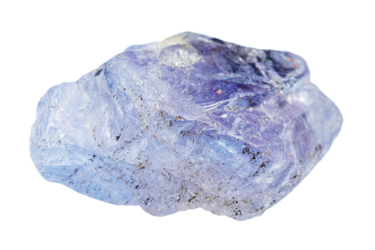 close up of sample of natural stone from geological collection - raw tanzanite crystal isolated on white background from Tanzania