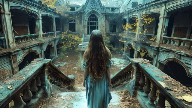 Woman in Vintage Dress Contemplating Overgrown Courtyard