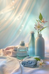  Laundry Day Concept with Floral Freshness, Perfect for Household Cleaning Product Ads, Fabric Softener Packaging, and Gentle Wash Themes, Banner, Space for text, Spring Clean