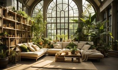 Stylish living room interior with brown and yellow furniture and wooden elements with dark green wall. Decorated with plants and butterfly specimens