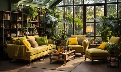 Stylish living room interior with brown and yellow furniture and wooden elements with dark green wall. Decorated with plants and butterfly specimens