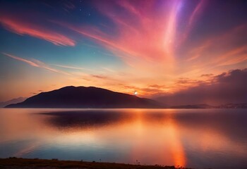 Fototapeta na wymiar a colorful sunset is reflected on a lake