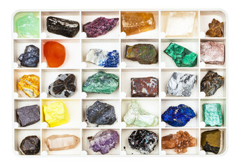 top view on natural minerals for geological collection in open plastic box with cells isolated on...