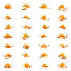 Set of flat cartoon sun icons. Simple design element for sunrise, sunset logotype. Graphic symbol of different shapes, half sun with rays for design application weather