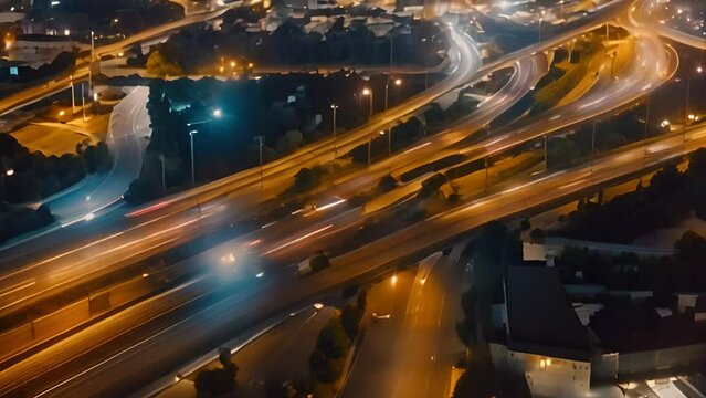 Aerial view and top view of traffic on freeway time lapse,Hyperlapse ,Of traffic on bridge of city streets at night, short video footage, Generative AI video.