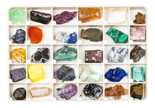 top view on natural minerals for geological collection in open plastic box with cells isolated on white background