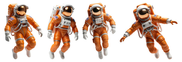 miniature floating astronaut in orange costume, on a transparent background
