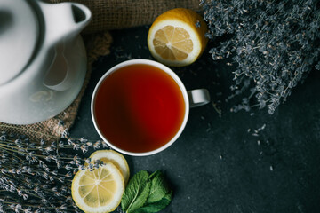 Natural herbal tea with lemon, mint and lavender