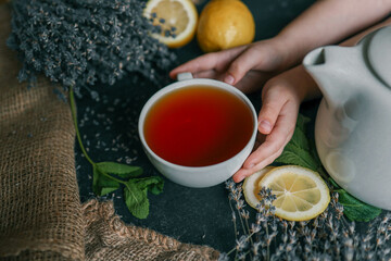 Natural herbal tea with lemon, mint and lavender
