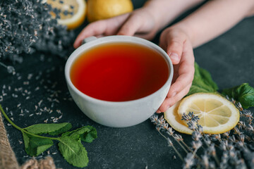 Natural herbal tea with lemon, mint and lavender