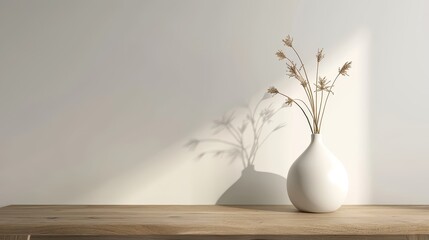  Modern white ceramic vase with dry grass on wooden table. 