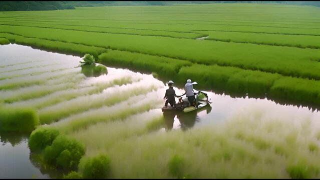 Aerial dron shot of green rice field with two farmers planting the rice, short video footage, Generative AI Video.