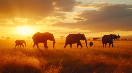 Obraz premium A family of elephants on the African savannah at sunset