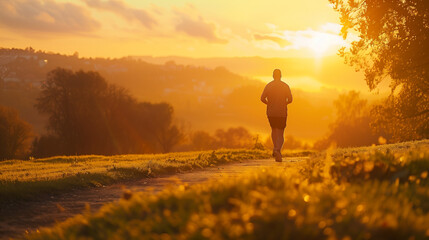 Runner full of vitality, early morning, scenic nature around, sunshine golden light, panoramic landscape