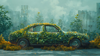 An future car covered in plants and flowers, surrounded by a garden and a fence, environmental - obrazy, fototapety, plakaty
