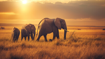A family of elephants in the African savannah at dawn