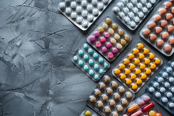 Different medicines on a gray metal table as a symbol of the pharmaceutical industry - obrazy, fototapety, plakaty