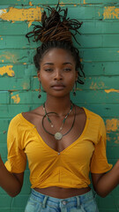 Fototapeta premium Portrait of African attractive woman against background of green brick wall