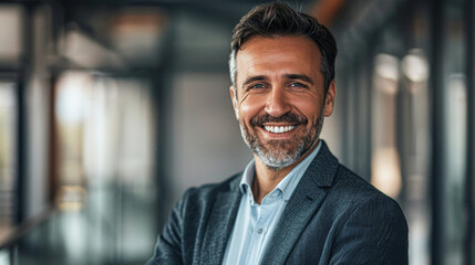 A man in a suit is smiling and posing for a picture. He looks confident and happy. Concept of professionalism and positivity