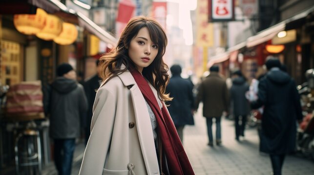 Picture a captivating scene in street photography featuring a Japanese girl. Capture her in a candid moment amidst the dynamic streets of Japan, reflecting the unique blend of modernity 
