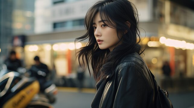 Picture a captivating scene in street photography featuring a Japanese girl. Capture her in a candid moment amidst the dynamic streets of Japan, reflecting the unique blend of modernity 