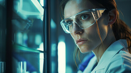 A woman wearing a lab coat and safety goggles is looking at something in a lab. Concept of focus and concentration as the woman is intently studying the object in front of her