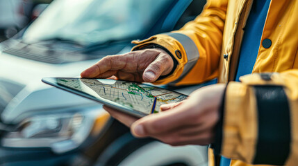 A person is holding a tablet and looking at a map. The person is wearing a yellow jacket and is standing next to a white van